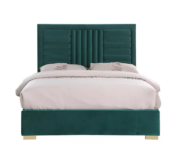 ANITA TUFTED ROLL BED IN GREEN VELVET WITH GOLD LEGS