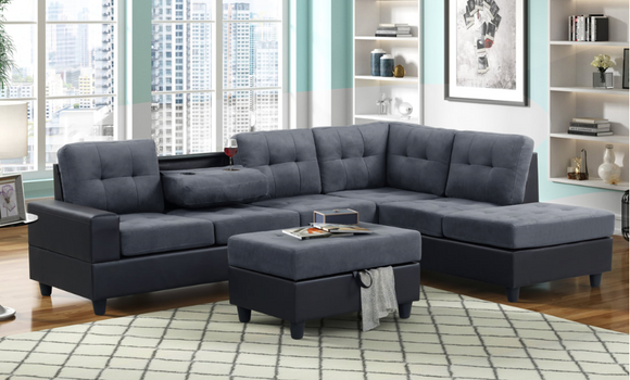 3 PC MICROFIBER SECTIONAL WITH DROP DOWN CUP HOLDERS AND STORAGE OTTOMAN IN GRAY