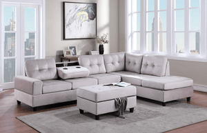 3PC SECTIONAL & OTTOMAN SET IN SILVER VELVET W/ DROP DOWN CUP HOLDER By HH AVAILABLE IN HOUSTON, DALLAS, AUSTIN, SAN ANTONIO, & NATIONWIDE