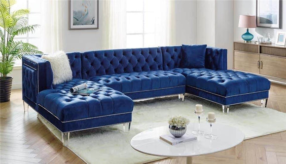 PRADA 3PC DOUBLE CHAISE SECTIONAL IN BLUE VELVET By HH AVAILABLE IN HOUSTON, DALLAS, AUSTIN, SAN ANTONIO, & NATIONWIDE